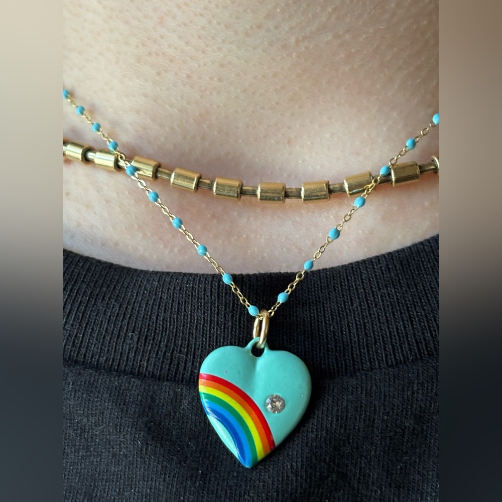 Enamel Turquoise Heart Pendant with Rainbow Design